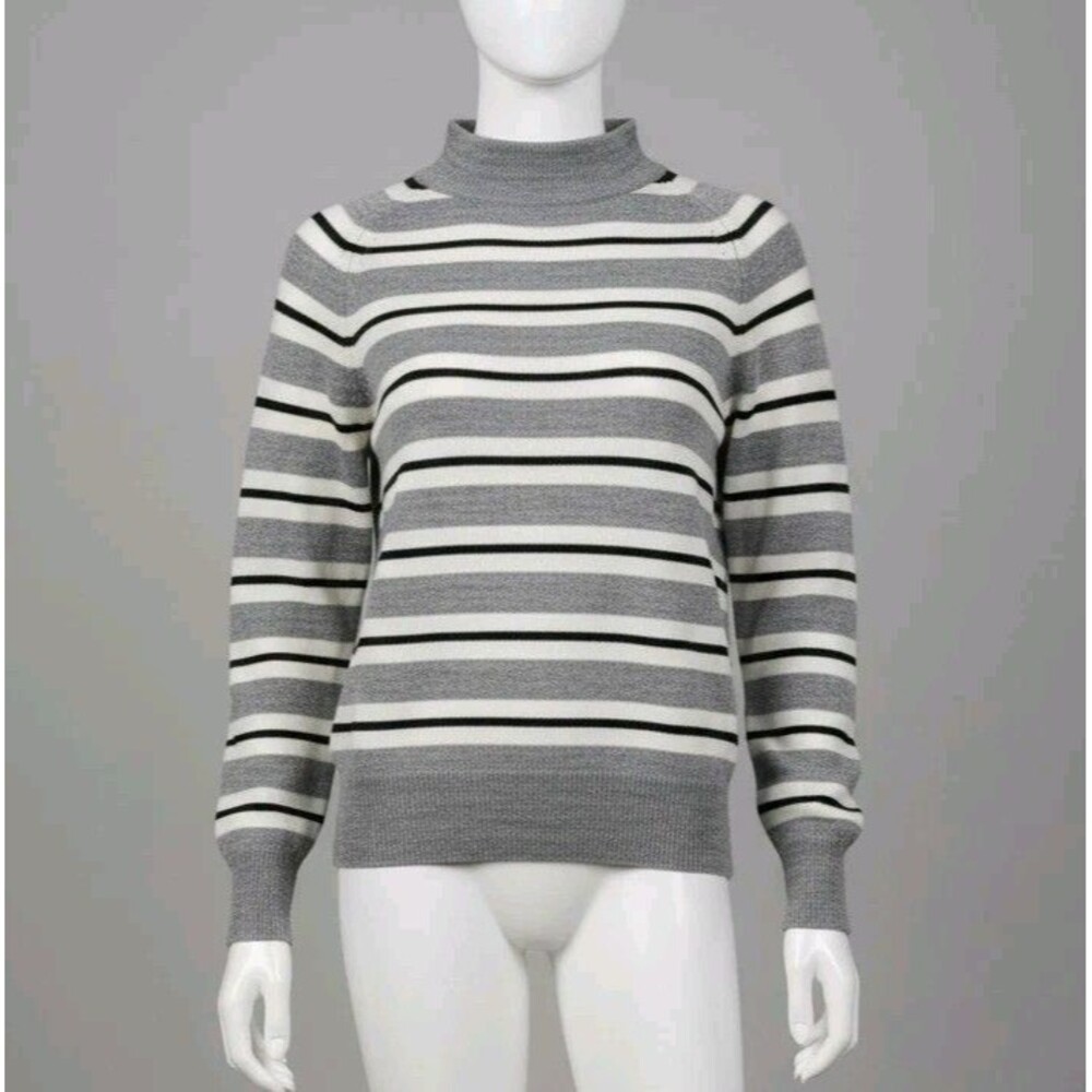 Maggie Lawrence Vintage Striped Sweater Womens Size L Gray White Black Mock Neck